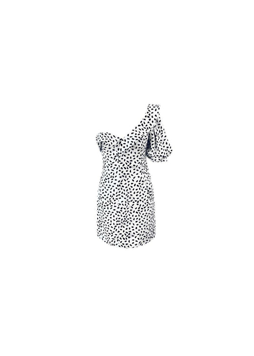 Black & white crescent print satin one-shoulder dress