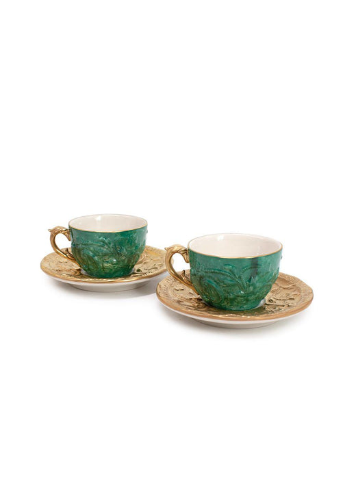 Villari Emerald Green and Gold Porcelain Tea Cup and Saucer Set
