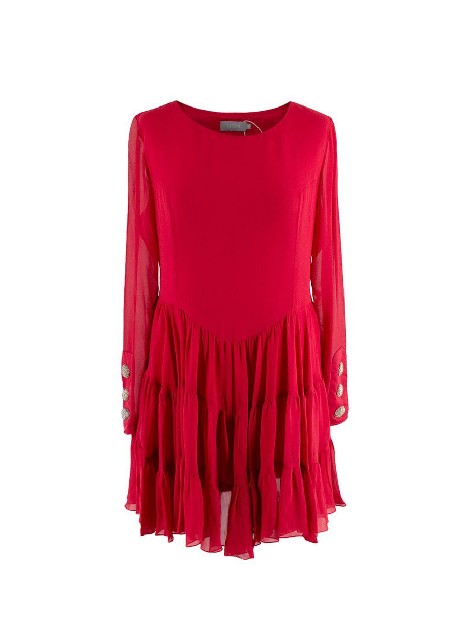 Red Silk Ruffled Long Sleeved Dress