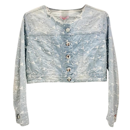 Blumarine Filigree Embroidered Pale Blue Cropped Jacket