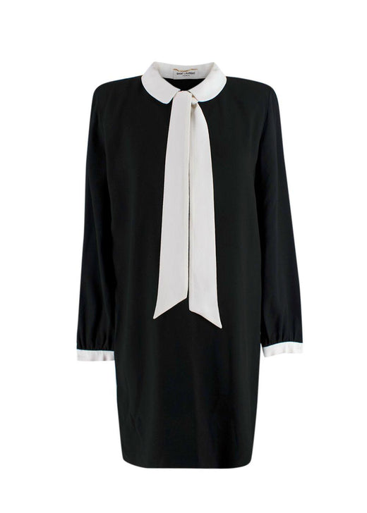 Saint Laurent Black Peter Pan Collar Mini Dress with Neck Tie Detail