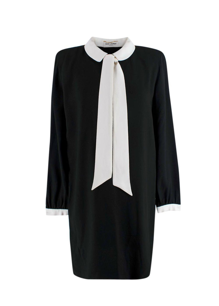 Saint Laurent Black Peter Pan Collar Mini Dress with Neck Tie Detail