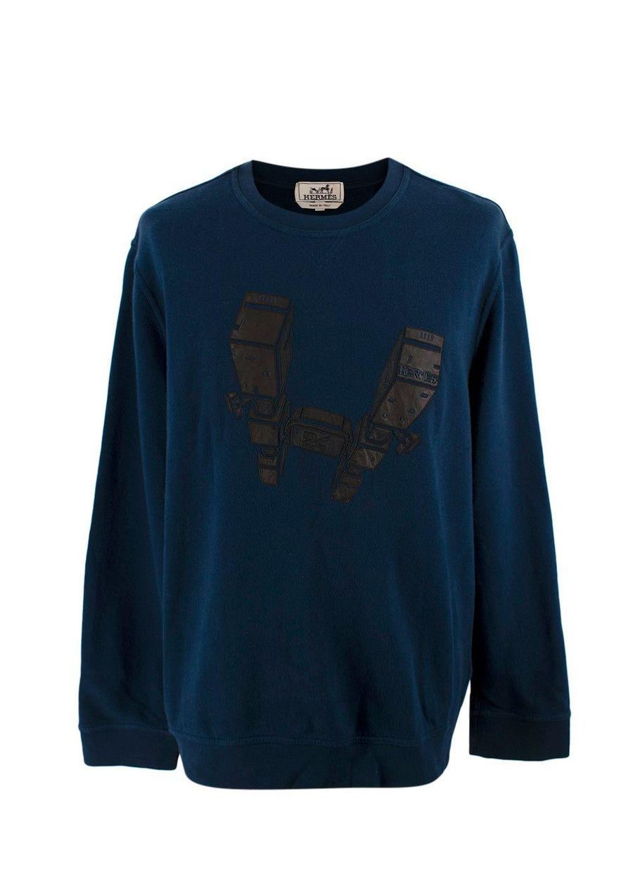 Hermes Navy Sweatshirt with Black Leather Detail