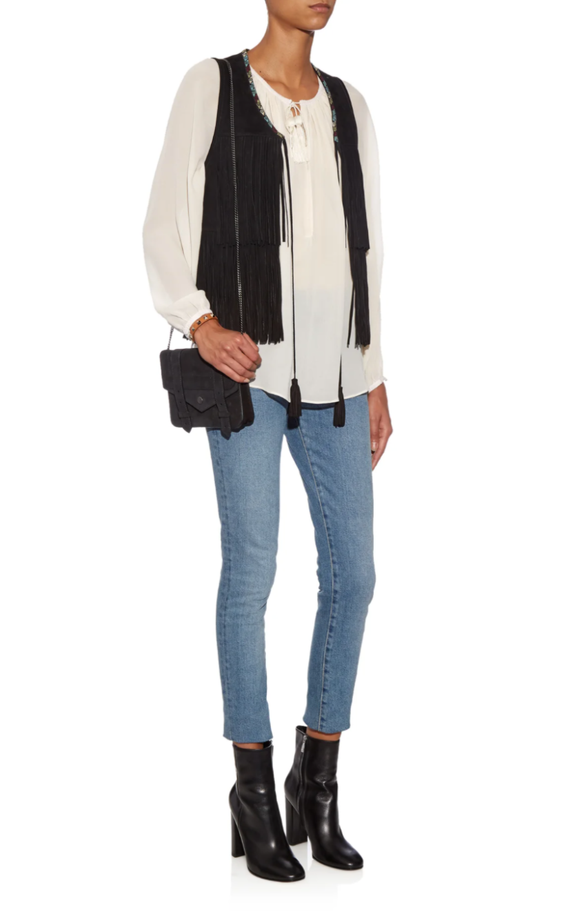 Talitha Black Embroidered Suede Fringed Gilet