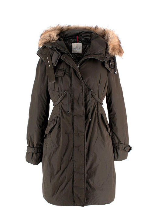 Moncler Khaki Phalangere Coat with Racoon Fur Hood