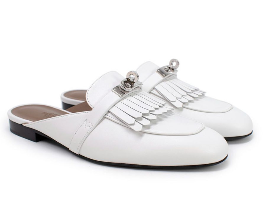 Hermes White Calfskin Oz Mules