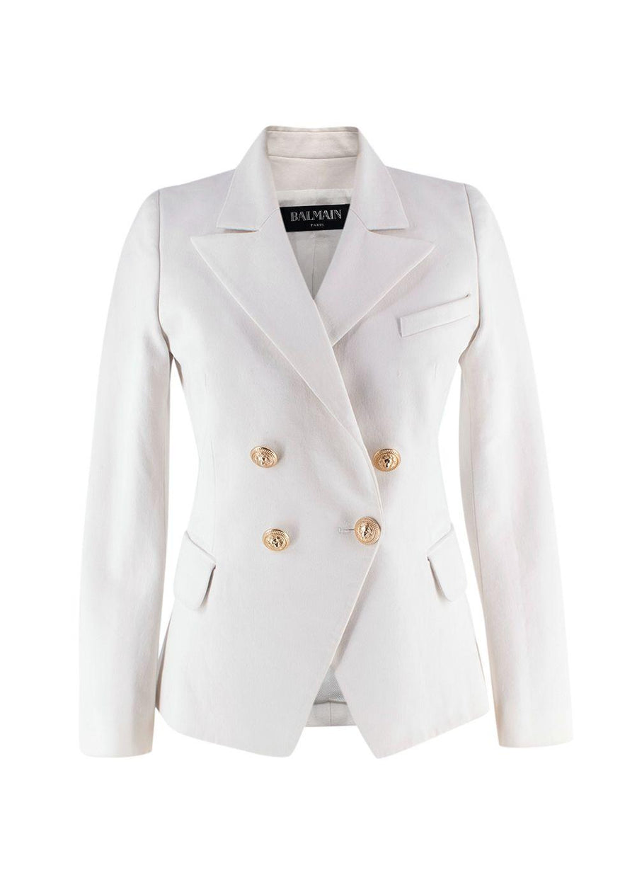 Balmain White Double Breasted Blazer with Gold Button Detail