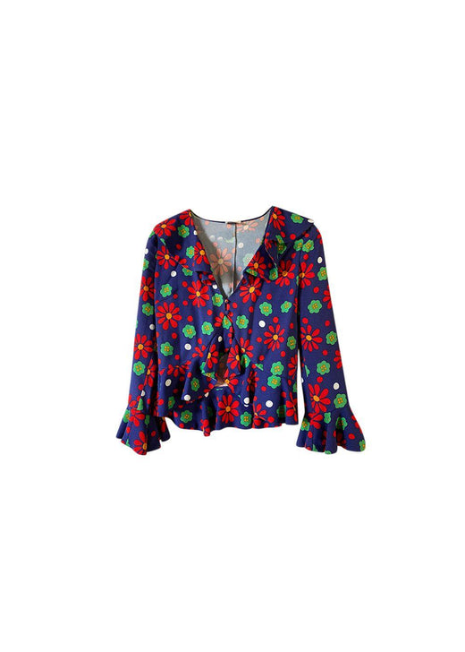 blue, red & green floral crepe blouse