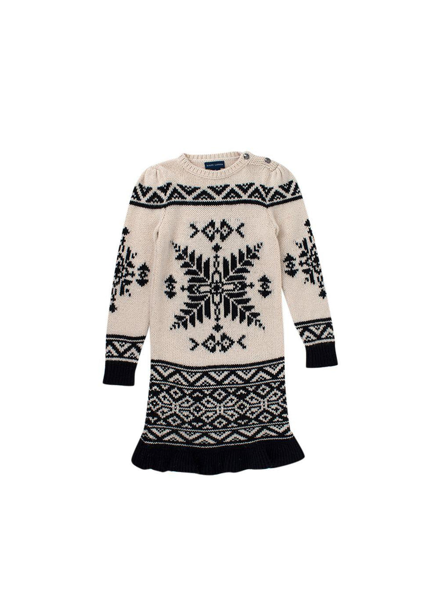 Kids 6Y Cream and Blue Intarsia Wool Jumper Dress