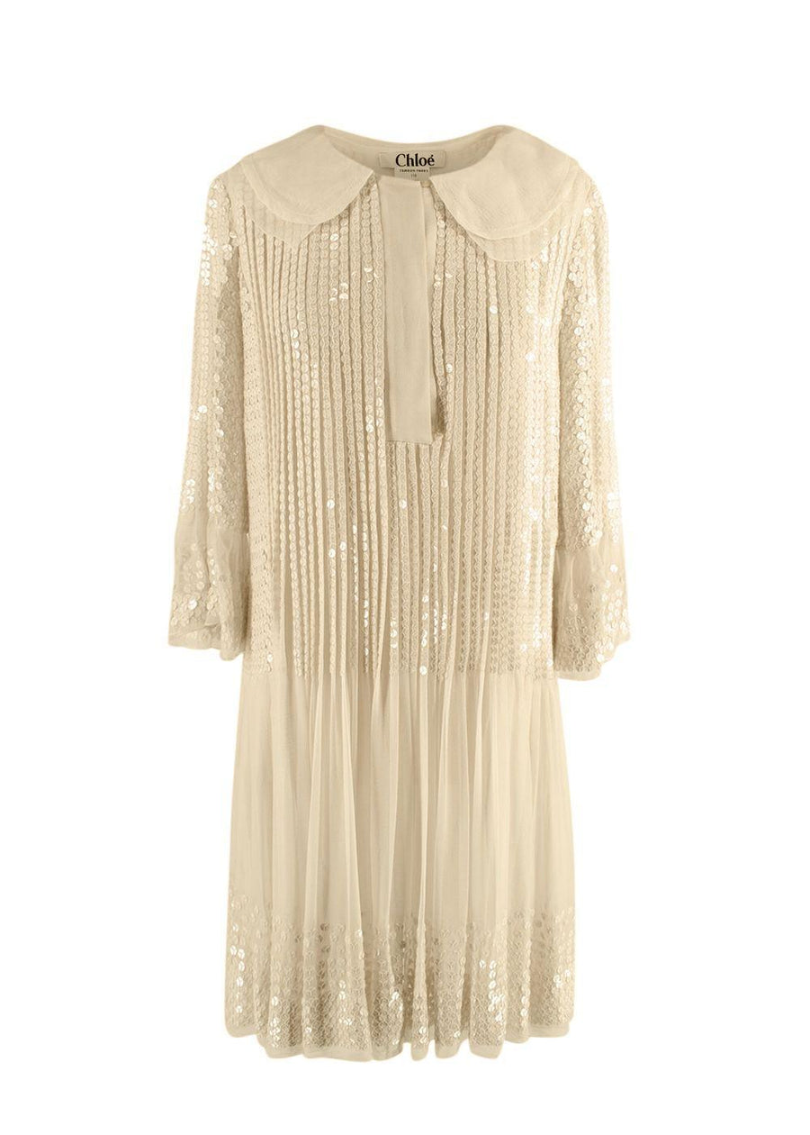 Chloe Ecru Sequin Embroidered Silk Pleated Dress