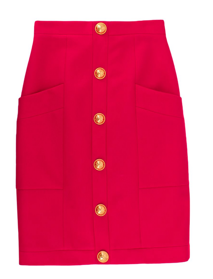 Hot Pink High Waist Grain De Poudre Wool Pencil Skirt