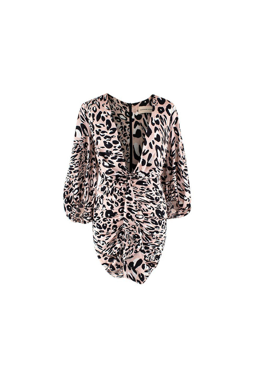 pink leopard print silk draped mini dress
