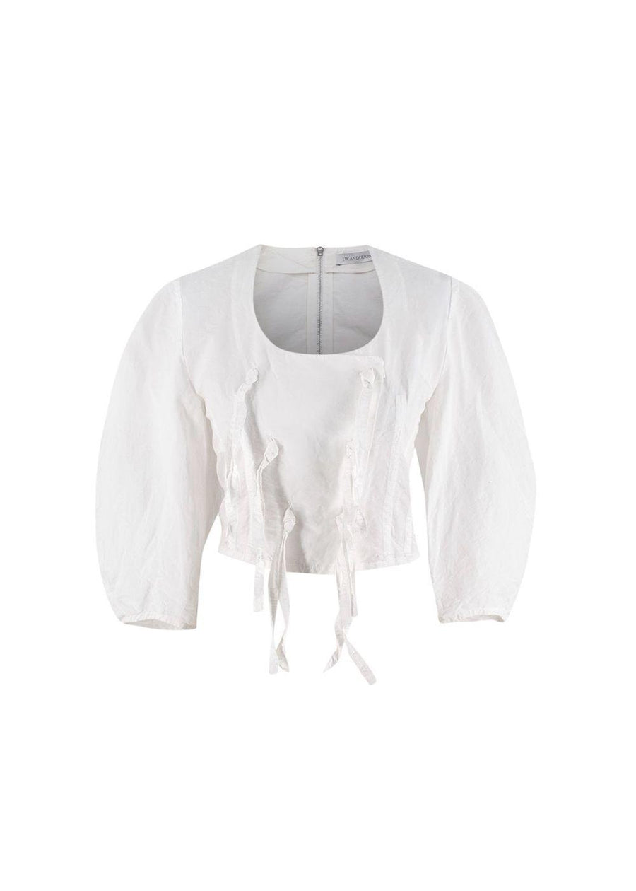 Balloon Sleeve White Tie Embellished Top