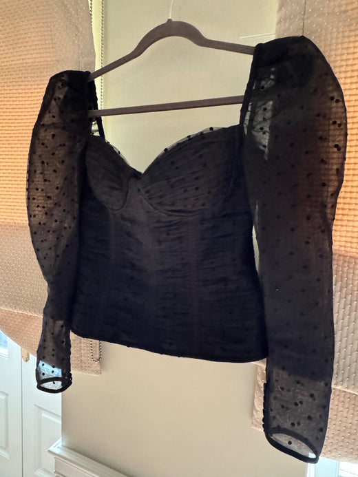 Black Polka-Dot Mesh Long-Sleeve Corset Top