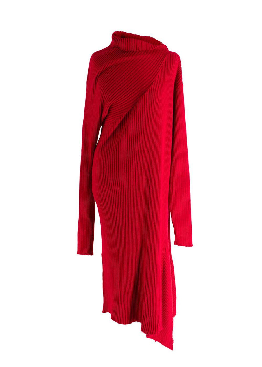 Marques Almeida Red Knitted Asymmetric Wool Dress