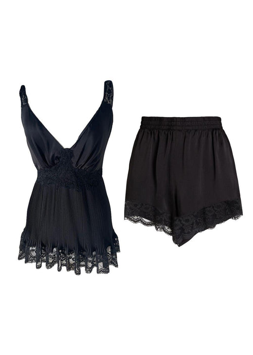Plisse Black Crepe de Chine Lace Trimmed Top & Shorts Set