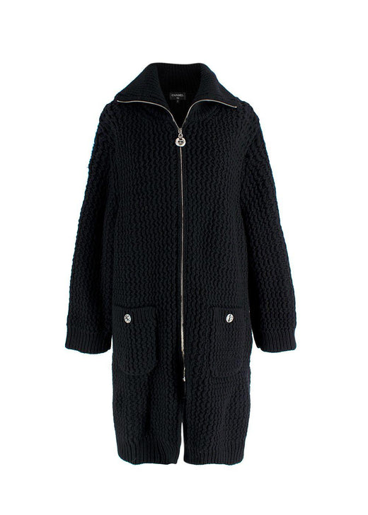 Chanel Black Longline Wool Cardigan with Embellished Button Detail