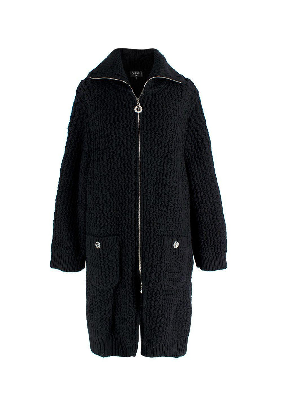 Chanel Black Longline Wool Cardigan with Embellished Button Detail