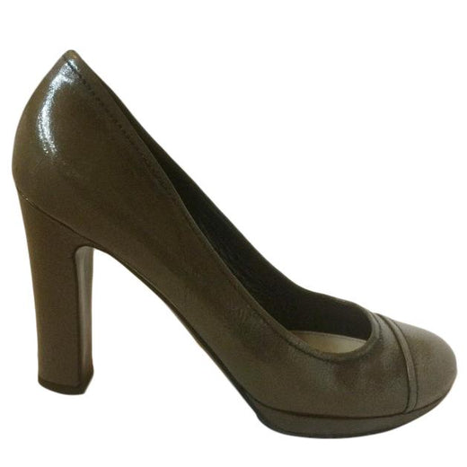 Prada Taupe Round Toe Patent Leather Pumps