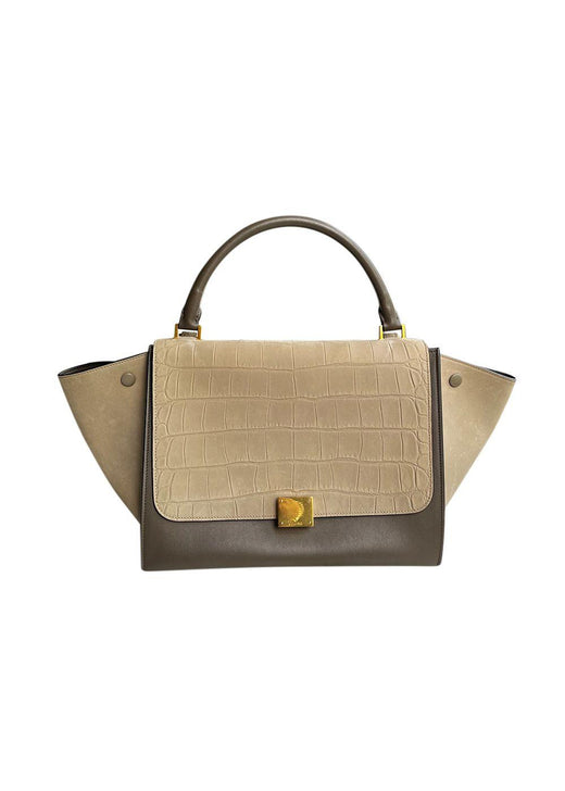Beige Crocodile Embossed Trapeze Bag