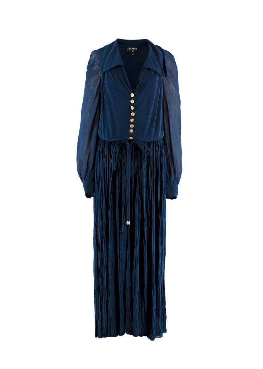 Chanel Navy Blue Plisse Belted Dress