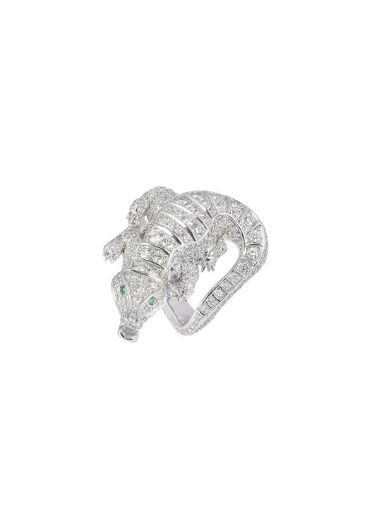 18ct white gold, diamond & emerald alligator dress ring 5.75ct 63.5EU