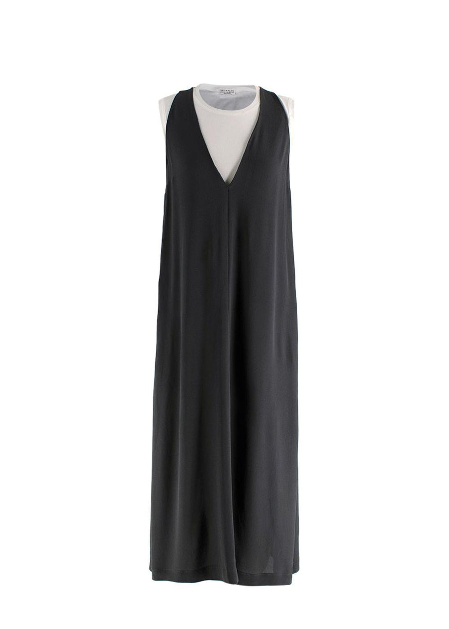 Brunello Cucinelli Double Layer White and Grey Crepe Dress