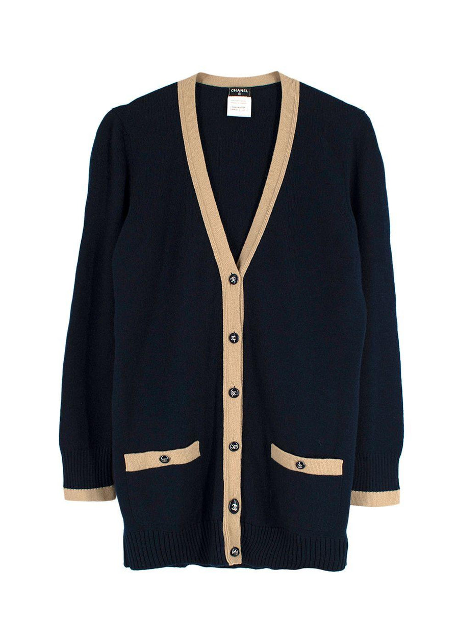 Chanel Contrast Trim Navy Cashmere Longline Cardigan