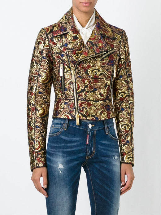 DSquared2 Metallic Gold Brocade Biker Jacket