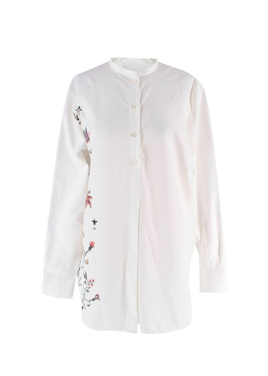 Dior White Floral Embroidered Collarless Shirt