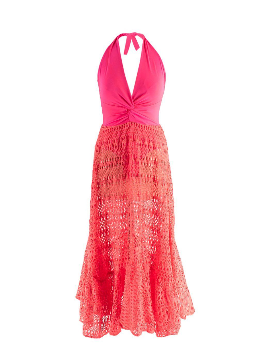 PatBO Neon Coral Halter Crochet Beach Dress