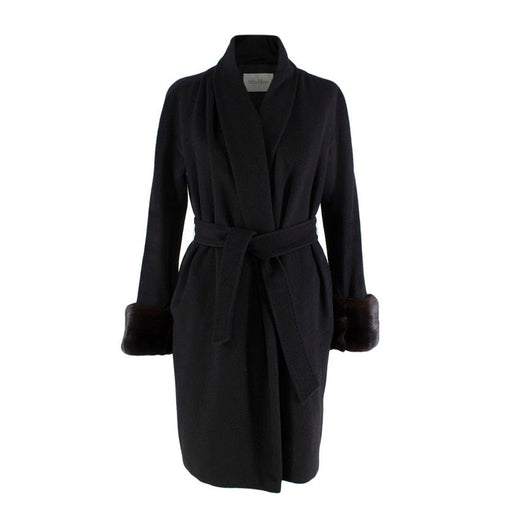 MaxMara Black Camel Hair Wrap Coat with Fur Cuffs