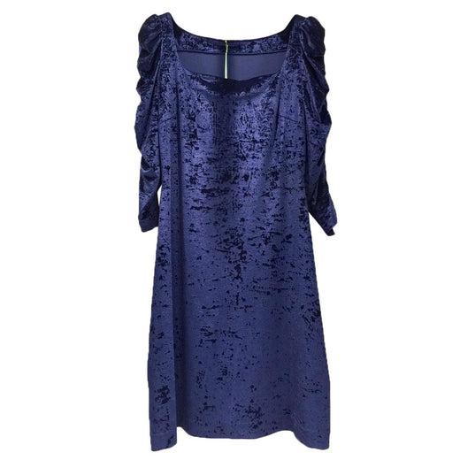 French Couture Navy Blue Panne Velvet Square Neck Dress