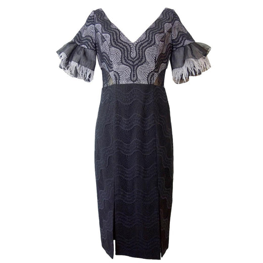 Three Floor Feather Trimmed Stretch Fitted Dress