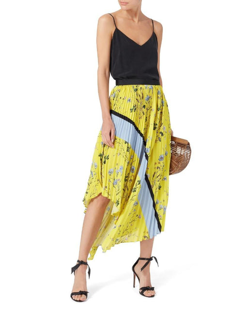 Self Portrait Yellow Asymmetric Pleated Floral Skirt