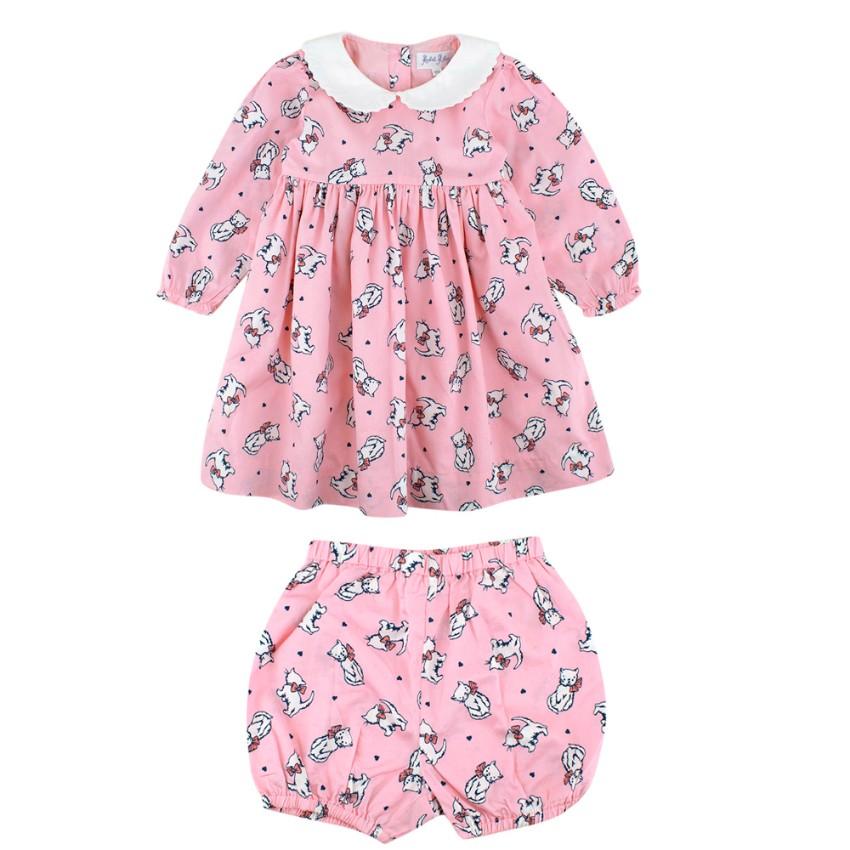 Rachel Riley Pink Cat Pattern Dress and Shorts Two Piece