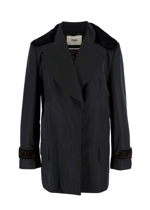 Fendi Black Short Trench Coat with Faux Fur Detail