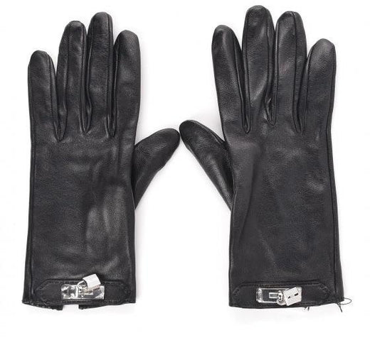 Hermes Black Leather Kelly Lock Gloves with Palladium Hardware