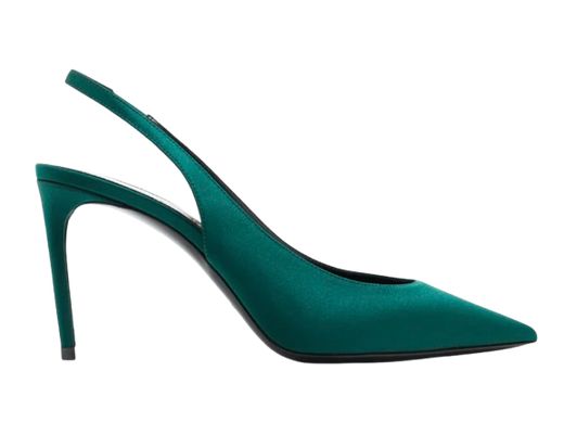 Saint Laurent Dorian Green Satin Heeled Slingback Shoes