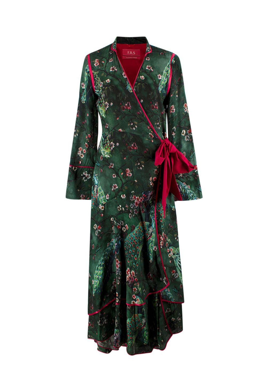 F.R.S Dark Green Botanical Printed Satin Robe Dress
