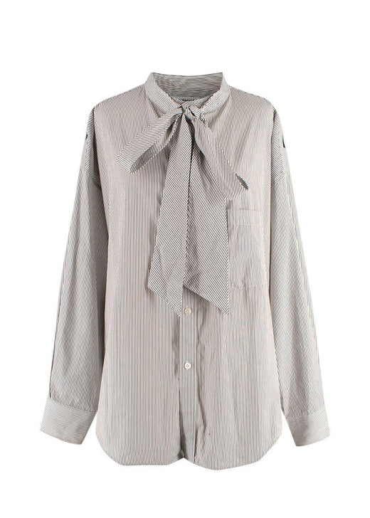 Balenciaga White and Navy Striped Logo Oversized Shirt with Tie Detail