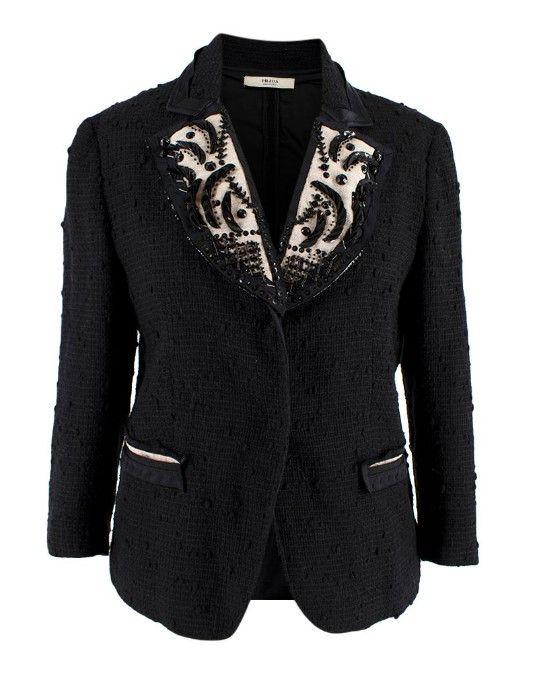 Sequin Embellished Black Wool Tweed Jacket