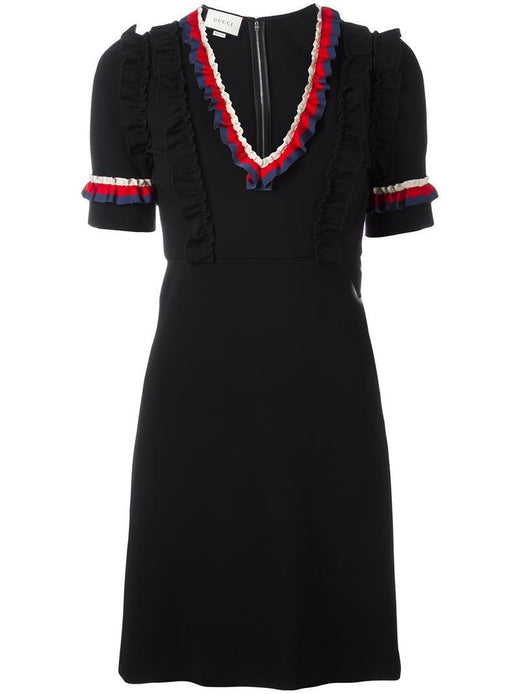 Gucci Black Web Trim Ruffled Dress