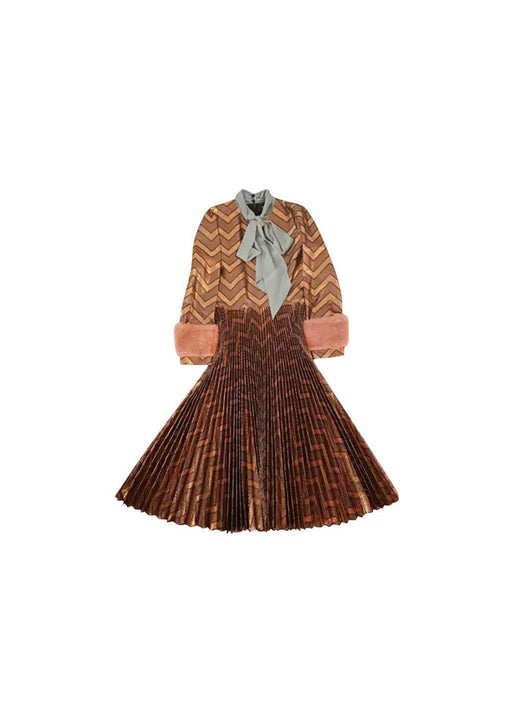 Bronze metallic lame pussy-bow dress