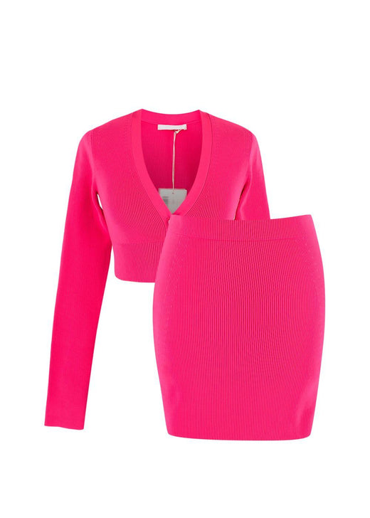 Helmut Lang Bright Pink Essential Crop Cardigan and Mini Skirt Set