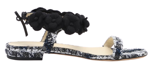 Chanel Black and White Tweed Camellia Embellished Sandals