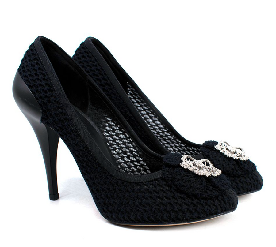 Chanel Black Crochet Floral Applique Heels