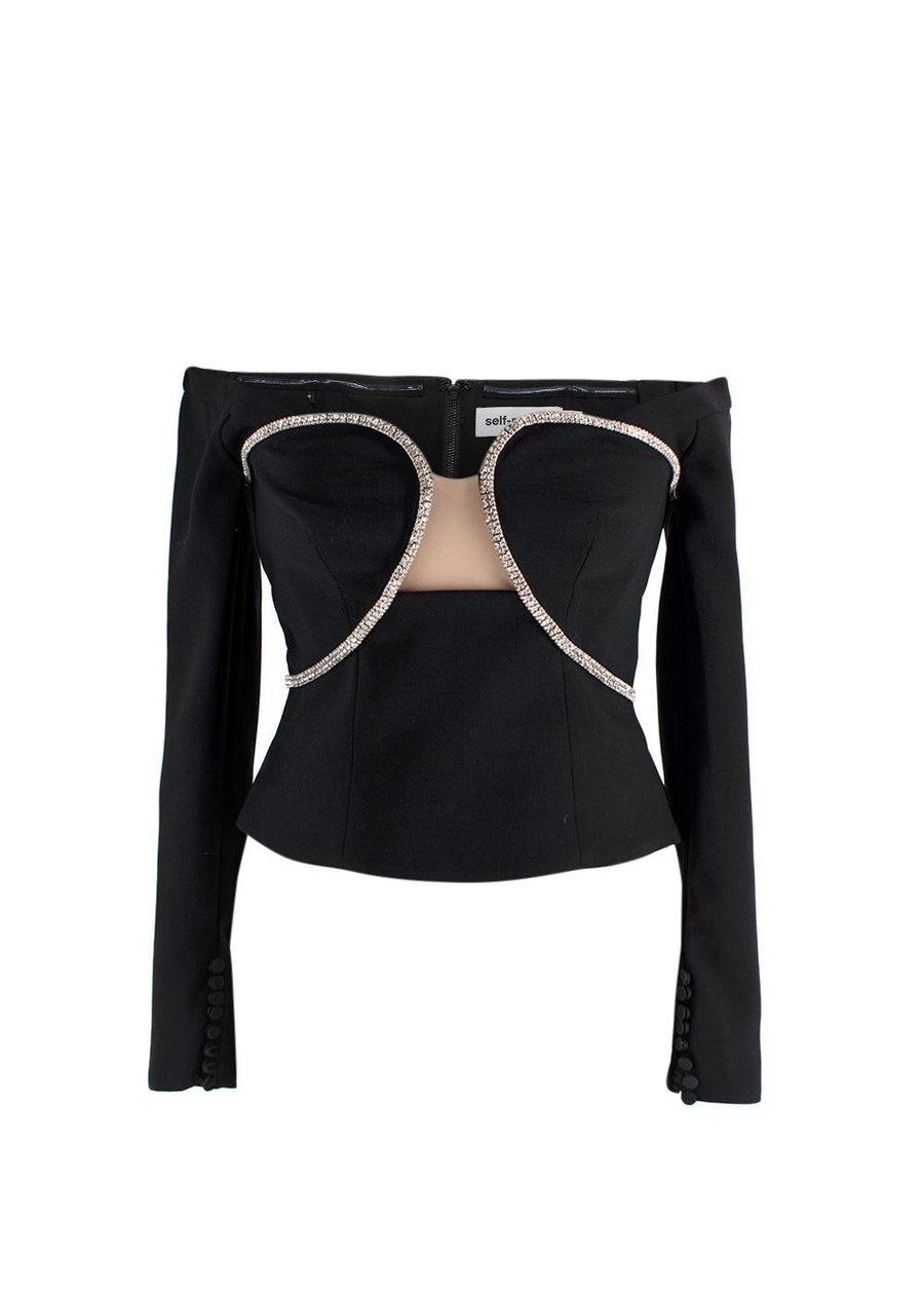 Self-Portrait Black Embellished Off-Shoulder Top & Mini Skirt Set