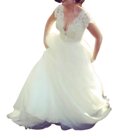 White Lace Body Bridal Gown With Full Skirt And Train
