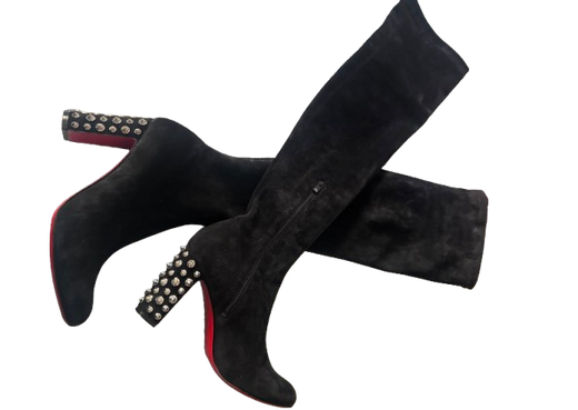 Louboutin Embellished Heel Long Stretch Suede Boots